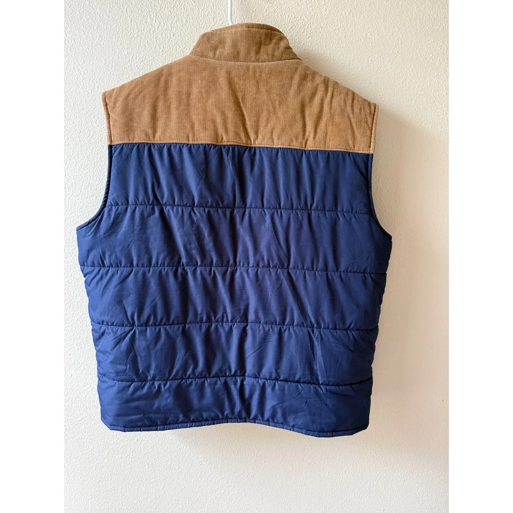 J.Crew Mens Puffer Vest Navy Blue Tan Corduroy Yoke Quilted Snap Front XL GORP